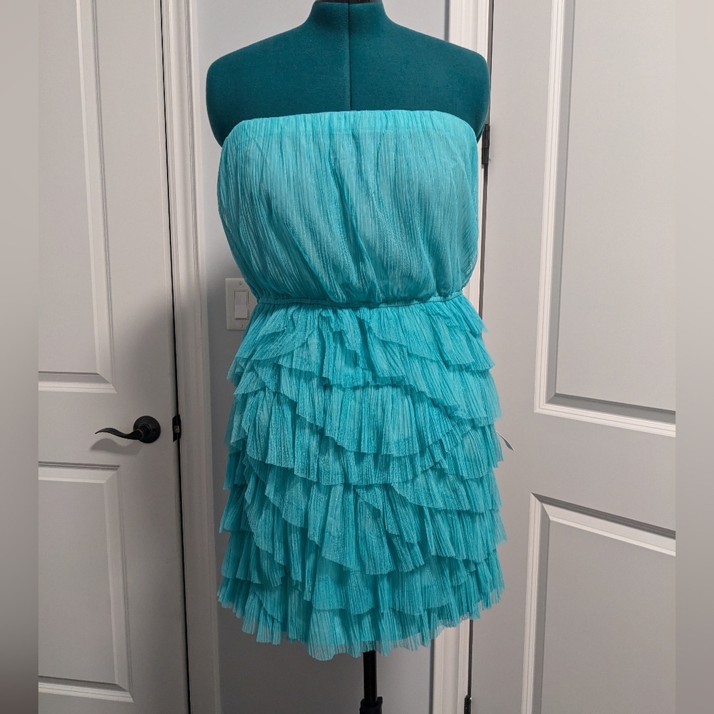 BCBG Strapless Ruffled Mini Dress in Teal